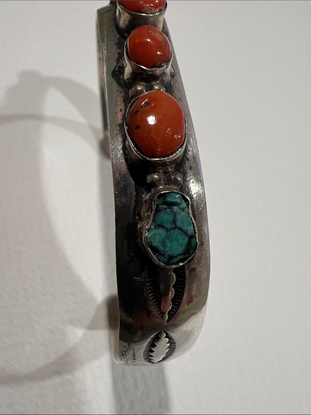 Native American Sterling Silver Orange Coral and Turquoise Cuff Bracelet - Picture 4 of 9